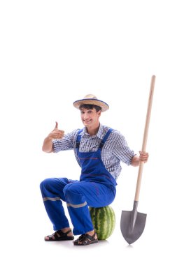 Beyaz izole karpuz ile genç çiftçi