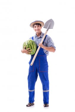 Beyaz izole karpuz ile genç çiftçi