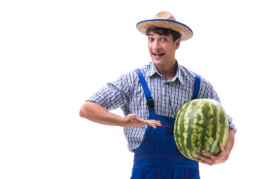 Beyaz izole karpuz ile genç çiftçi