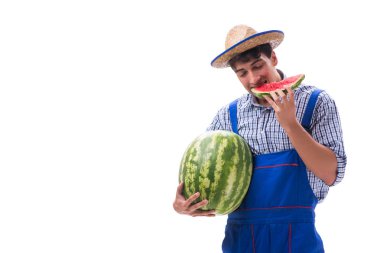 Beyaz izole karpuz ile genç çiftçi