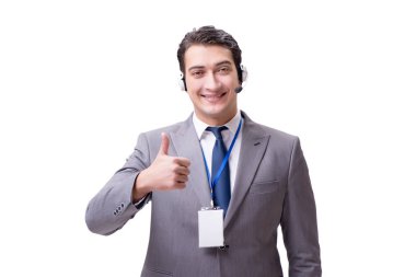 Beyaz arka plan üzerinde izole çağrı merkezi çalışanı