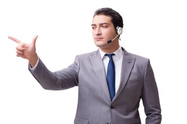 Beyaz arka plan üzerinde izole çağrı merkezi çalışanı