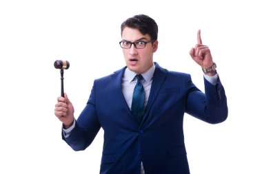 Beyaz arka planda tokmağı olan avukat hukuk öğrencisi.