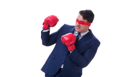 Avukat boks eldiven üzerinde beyaz izole göz bağı ile