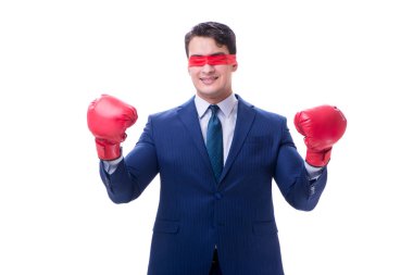 Avukat boks eldiven üzerinde beyaz izole göz bağı ile