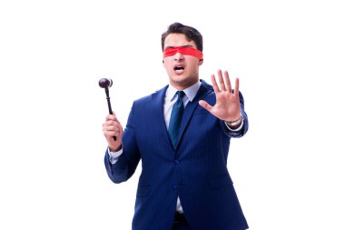 Avukat beyaz izole bir tokmak holding göz bağı ile