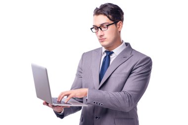 Genç işadamı izole laptop beyaz üzerinde çalışma