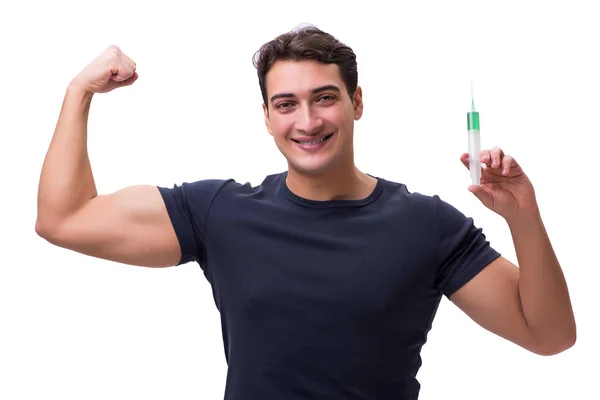 Junger Mann im Doping-Konzept isoliert auf weißem Grund — Stockfoto