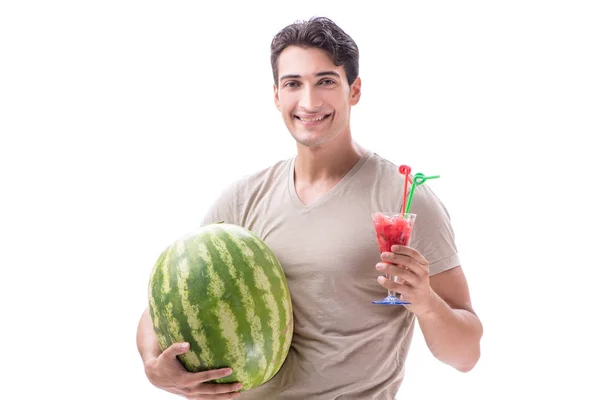 Junger Mann mit Wassermelone isoliert auf weiß — Stockfoto