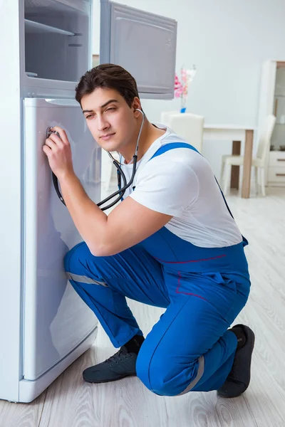 Repairman contractor repairing fridge in DIY concept