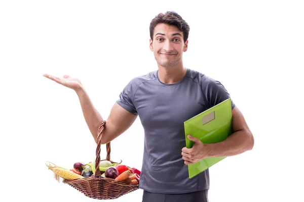 Hombre promoviendo los beneficios de comer sano y hacer deportes —  Fotos de Stock