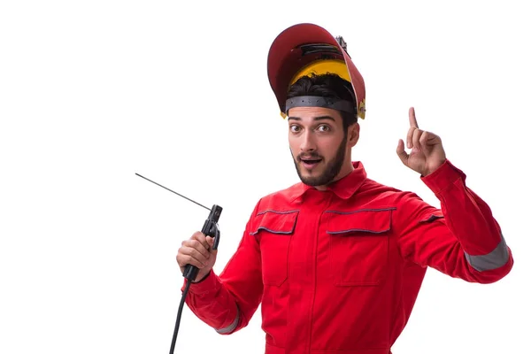 Jonge reparateur met een lassen pistool-indicatorelektrode en een helm isolat — Stockfoto