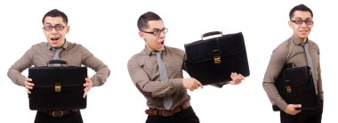 Genç adam beyaz izole evrak çantası elinde