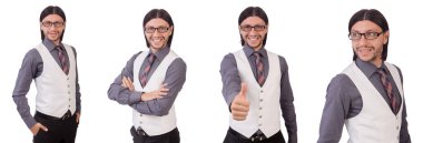 Gri tişörtlü beyaz izole genç adam