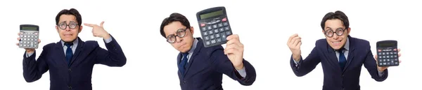 Grappige mens met calculator geïsoleerd op wit — Stockfoto
