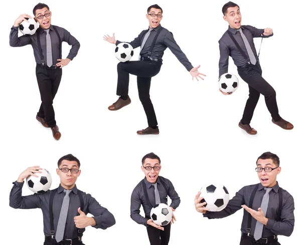 Hombre divertido con fútbol aislado en blanco —  Fotos de Stock
