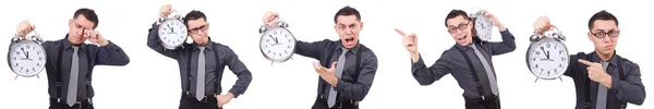 Смішний бізнесмен з годинником ізольовані на білому — стокове фото