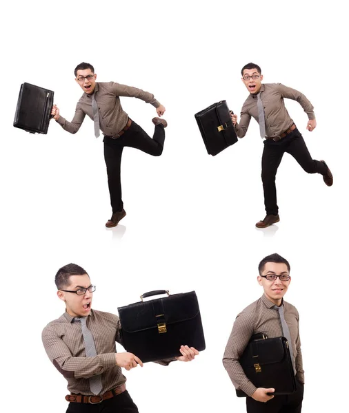 Young man holding briefcase isolated on white — Stock Photo, Image