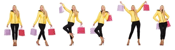 Donna con shopping bags isolata su bianco — Foto Stock