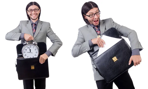 Evrak çantası üzerinde WHI izole tutan gri elbiseli genç işadamı — Stok fotoğraf