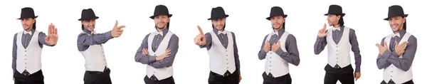 Hombre joven en camisa gris y sombrero negro aislado en blanco —  Fotos de Stock