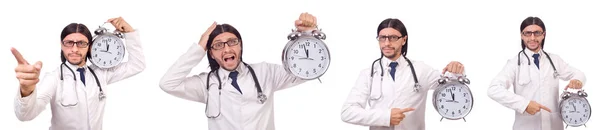 Man doctor with clock isolated on white — Stock Photo, Image