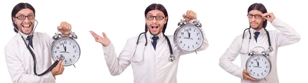 Man doctor with clock isolated on white — Stock Photo, Image