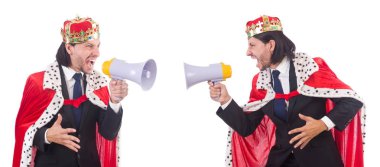 Hoparlörlü kral iş adamı beyazdan izole edilmiş.