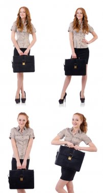 Genç ve güzel çalışan beyaz izole evrak çantası ile