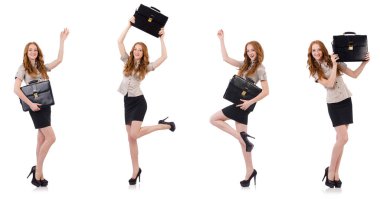 Genç ve güzel çalışan beyaz izole evrak çantası ile