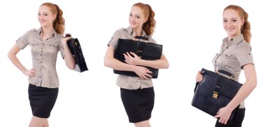 Genç ve güzel çalışan beyaz izole evrak çantası ile