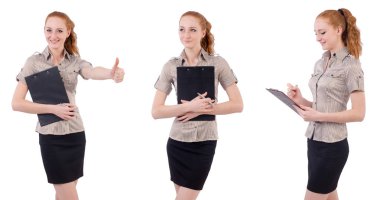 Genç ve güzel çalışan beyaz izole evrak çantası ile