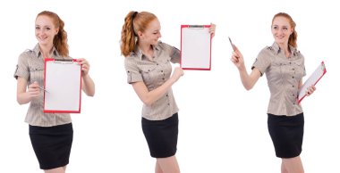 Kağıt üzerinde beyaz izole ile genç ve güzel çalışan