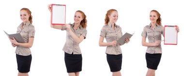 Kağıt üzerinde beyaz izole ile genç ve güzel çalışan