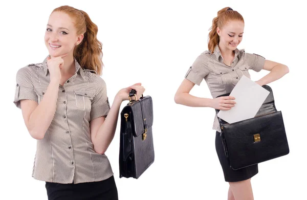 Hübsche junge Angestellte mit Aktentasche isoliert auf weiß — Stockfoto