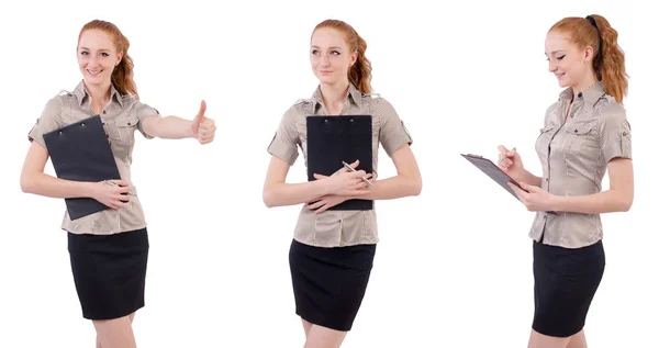 Pretty young employee with briefcase isolated on white — Stock Photo, Image