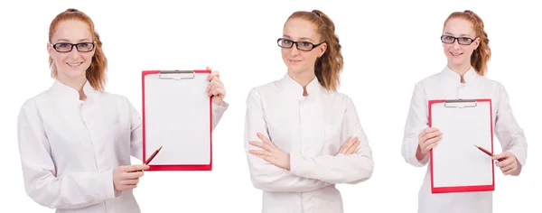 Junge Medizinstudentin mit Bindemittel isoliert auf weiß — Stockfoto