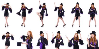 Güzel kız mor karnaval giyim ve üzerinde beyaz izole şapka