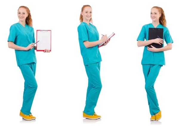 Kvinna-läkare med bindemedel isolerad på vit — Stockfoto
