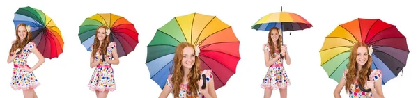 Νεαρό κορίτσι με πολύχρωμα ομπρέλα — Φωτογραφία Αρχείου