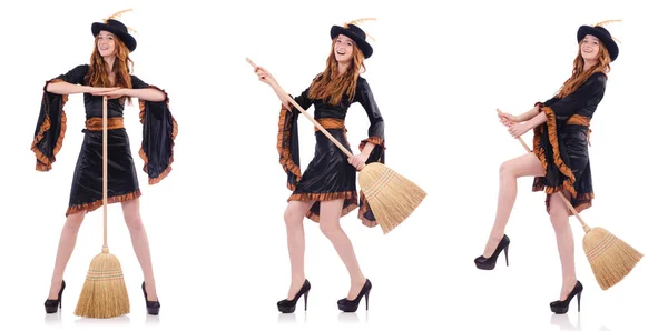 Pěkné čarodějnice s koštětem na bílém pozadí — Stock fotografie