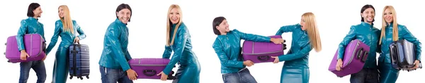 Hübsche Mädchen und Mann mit Koffern isoliert auf weiß — Stockfoto