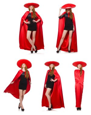 Kırmızı elbiseli Meksikalı kadın beyaz üzerine