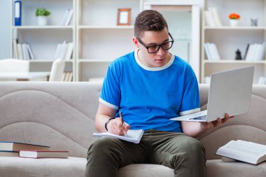 Sınavlara hazırlanan genç öğrenci kanepede ders çalışıyor.