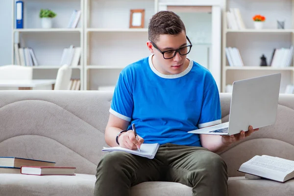 Sınavlara hazırlanan genç öğrenci kanepede ders çalışıyor.