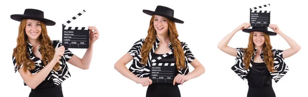 Fiatal nő, film clapboard elszigetelt fehér — Stock Fotó