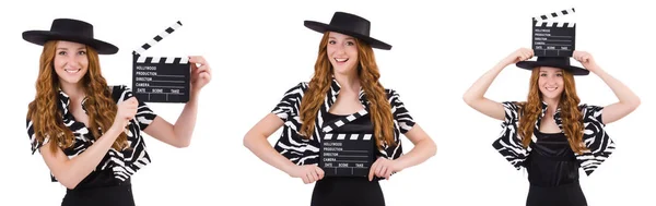 Jovem com filme clapboard isolado no branco — Fotografia de Stock