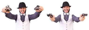 Silahlı bir adam beyazın üzerinde izole edilmiş.