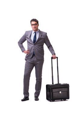 Beyaz izole iş seyahati sırasında genç adam