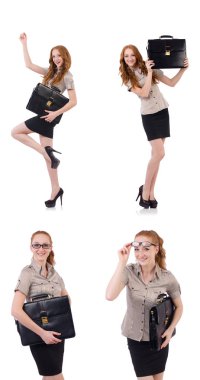 Genç ve güzel çalışan beyaz izole evrak çantası ile